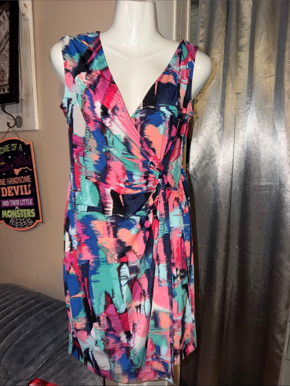 Women’s BCBG Maxazria Sleeveless V-Neck Abstract Print Wrap Dress in Pink & Teal